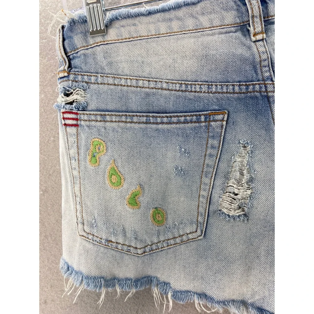 BDG Denim Shorts Women 26 Light Wash Distressed Embroidered Patch Boho Cutoffs